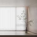 White Vertical Striped Curtains Decorating Modern Living Room with Cozy Sofa and Green Plant