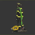 Firefighter Statue Wearing Uniform With Reflective Stripes And Yellow Fire Hose Reel On Base
