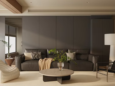 Modern Living Room With Dark Gray Walls Black Leather Sofa Throw Pillows Blanket And Green Plant 3d model