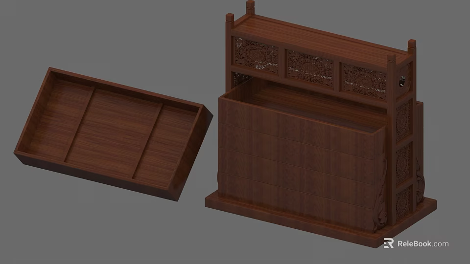 Traditional Wooden Decorative Ornament Set With Carved Patterns And Drawer Structure 3d model 