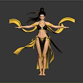 Woman in black yellow outfit with tied hair flowing yellow ribbons arms outstretched gray background
