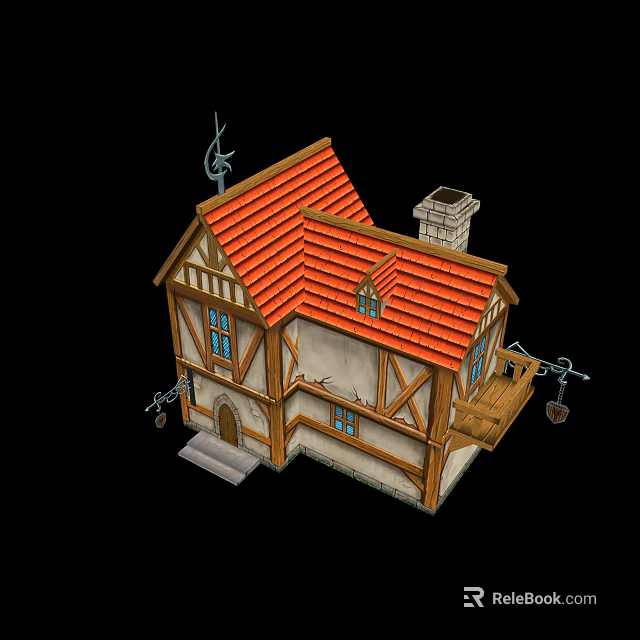 Vintage Half Timbered House Featuring Red Roof Chimney Balcony And Porch Steps 3d model 