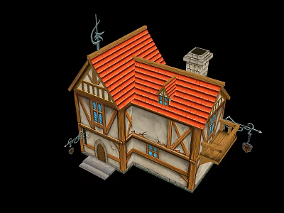Vintage Half Timbered House Featuring Red Roof Chimney Balcony And Porch Steps 3d model