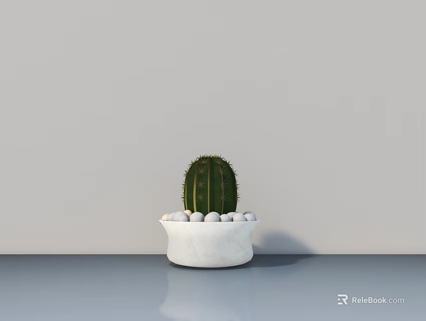 Cactus Bonsai Potted Plant In White Pot With White Pebbles On Gray Tabletop 3d model 