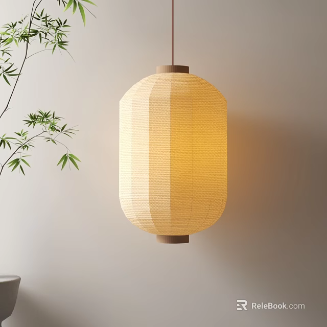 Beige Paper Lantern with Bamboo Texture Hanging Against Light Colored Wall and Soft Glow 3d model 