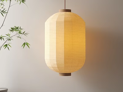 Beige Paper Lantern with Bamboo Texture Hanging Against Light Colored Wall and Soft Glow 3d model