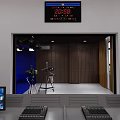 Public Office Space With Dark Blue Wall Wooden Panels White Flooring Cameras Tripods And Lighting