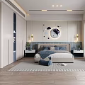 Modern Kids Room Interior With Cloud Decorations Round Mirror Bed And Striped Chair