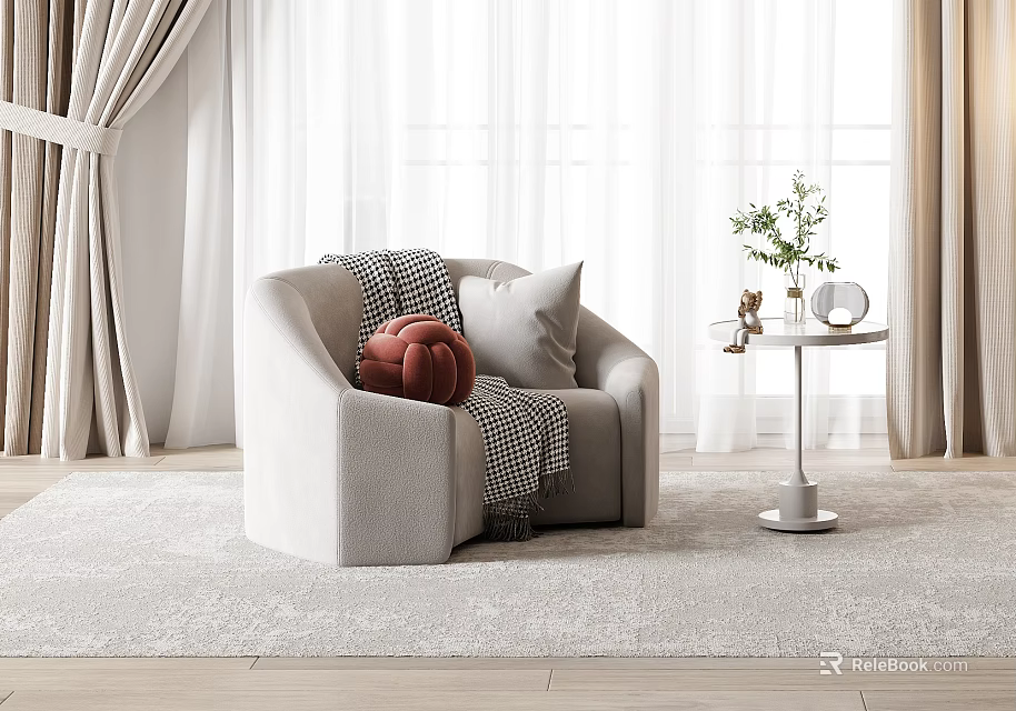Modern Minimalist Single Seater Sofa with Pillows Blanket and Side Table in Living Room Interior 3d model 