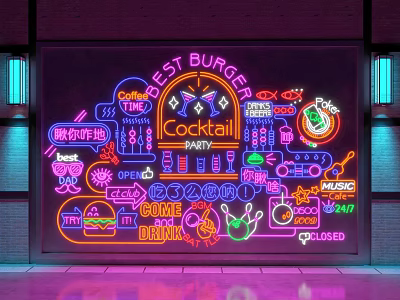 Colorful Neon Decorative Lights with Burger Cocktail Signs for Nighttime Restaurant Ambiance 3d model