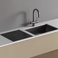 Modern Black Kitchen Sink With Drainer And Faucet On White Countertop And Gray Wall