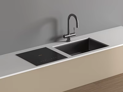 Modern Black Kitchen Sink With Drainer And Faucet On White Countertop And Gray Wall 3d model