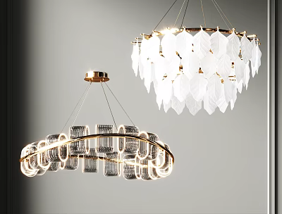 Modern Chandeliers with Glass Ring Design and Gold Frame Leaf Shaped White Shades 3d model