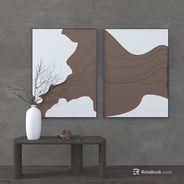 Modern Abstract Brown White Wall Art With Vase Branches On Table 3d model