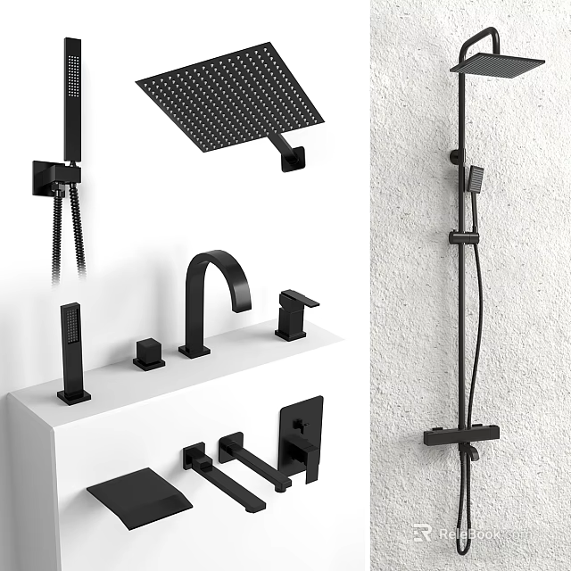 Black Modern Bathroom Faucet With Shower Head And Matching Taps Accessories 3d model 
