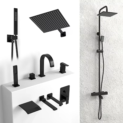 Black Modern Bathroom Faucet With Shower Head And Matching Taps Accessories 3d model