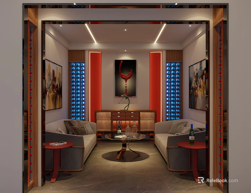 Luxurious Wine Cellar Interior With Sofas Coffee Table Blue Racks Red Accents Lighting And Paintings 3d model 