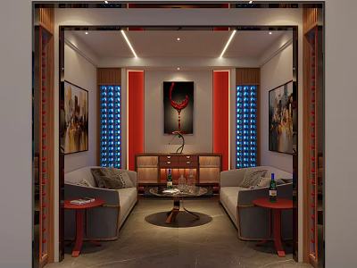 Luxurious Wine Cellar Interior With Sofas Coffee Table Blue Racks Red Accents Lighting And Paintings 3d model