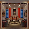 Luxurious Wine Cellar Interior With Sofas Coffee Table Blue Racks Red Accents Lighting And Paintings