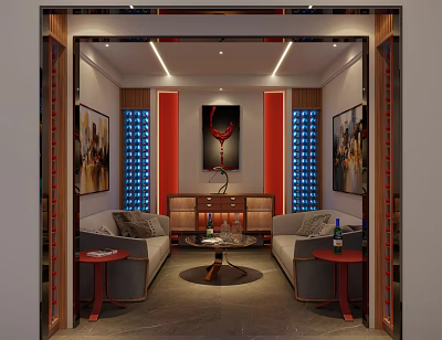 Luxurious Wine Cellar Interior With Sofas Coffee Table Blue Racks Red Accents Lighting And Paintings 3d model
