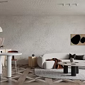 Modern Living Dining Interior With White Sofa Round Table And Textured Wall 3d model