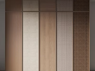 Modern Wardrobe With Diverse Panel Designs Including Wooden Fabric And Mesh Textures 3d model