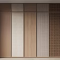 Modern Wardrobe With Diverse Panel Designs Including Wooden Fabric And Mesh Textures