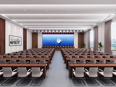 Spacious Conference Room Interior With Neatly Arranged Tables Chairs Large Screen Wooden Walls And Windows 3d model