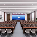 Spacious Conference Room Interior With Neatly Arranged Tables Chairs Large Screen Wooden Walls And Windows