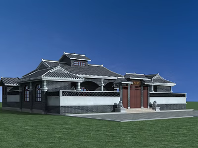 Traditional Chinese Ancient Architecture With Gray Tiled Roof White Walls And Red Wooden Door 3d model