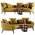 Golden Leather Sectional Sofa With Plush Cushions Plaid Blanket And Black Legs