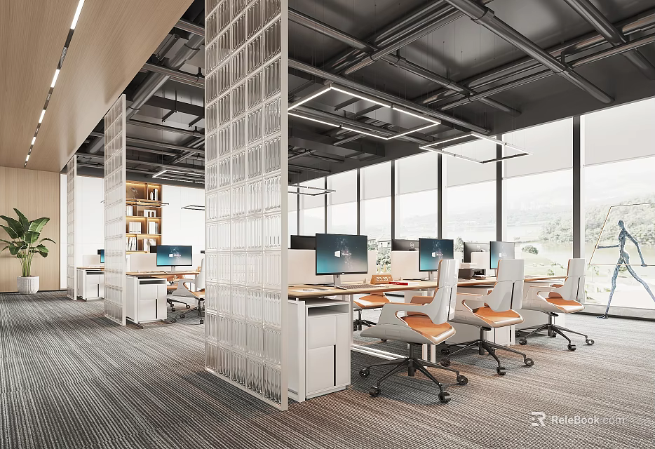 Modern Public Office Space With Glass Partitions Workstations Computers Office Chairs And Large Windows 3d model 