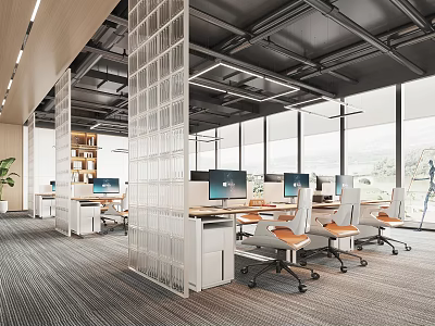 Modern Public Office Space With Glass Partitions Workstations Computers Office Chairs And Large Windows 3d model