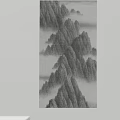 Traditional Ink Style Landscape Painting With Layered Mountain Peaks And Misty Clouds