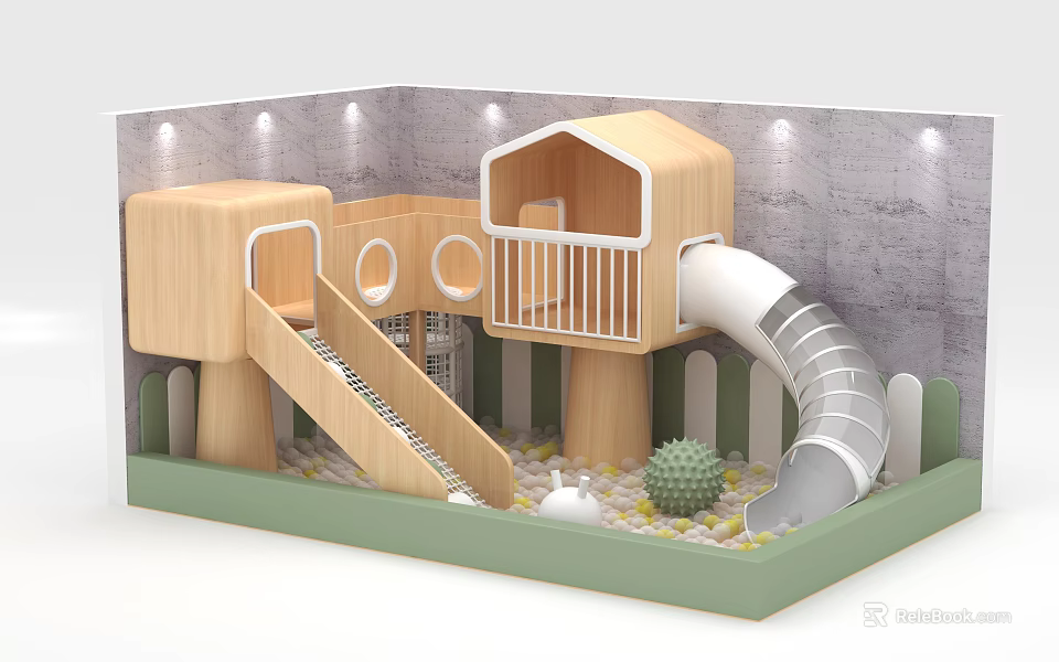 Indoor Kids Playground with Wooden Playhouse Slide Staircase Green Floor Pebbles and Decorative Ball 3d model 