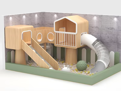 Indoor Kids Playground with Wooden Playhouse Slide Staircase Green Floor Pebbles and Decorative Ball 3d model