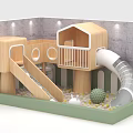 Indoor Kids Playground with Wooden Playhouse Slide Staircase Green Floor Pebbles and Decorative Ball