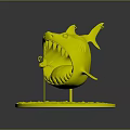 Cartoon Shark Figurine With Open Mouth Sharp Teeth And Small Flag On Blue Circular Base