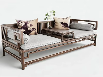 Traditional Chinese Luohan Bed With Wooden Frame Gray Cushions Patterned Pillows And Small Tea Table 3d model