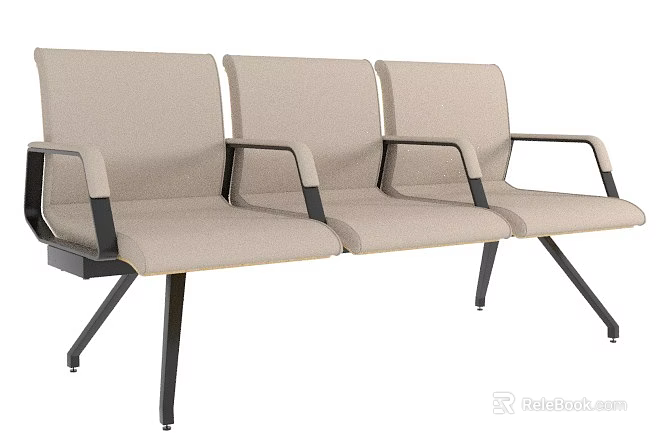 Public Seating Three Seater Beige Fabric Upholstered With Black Armrests And Metal Legs 3d model 