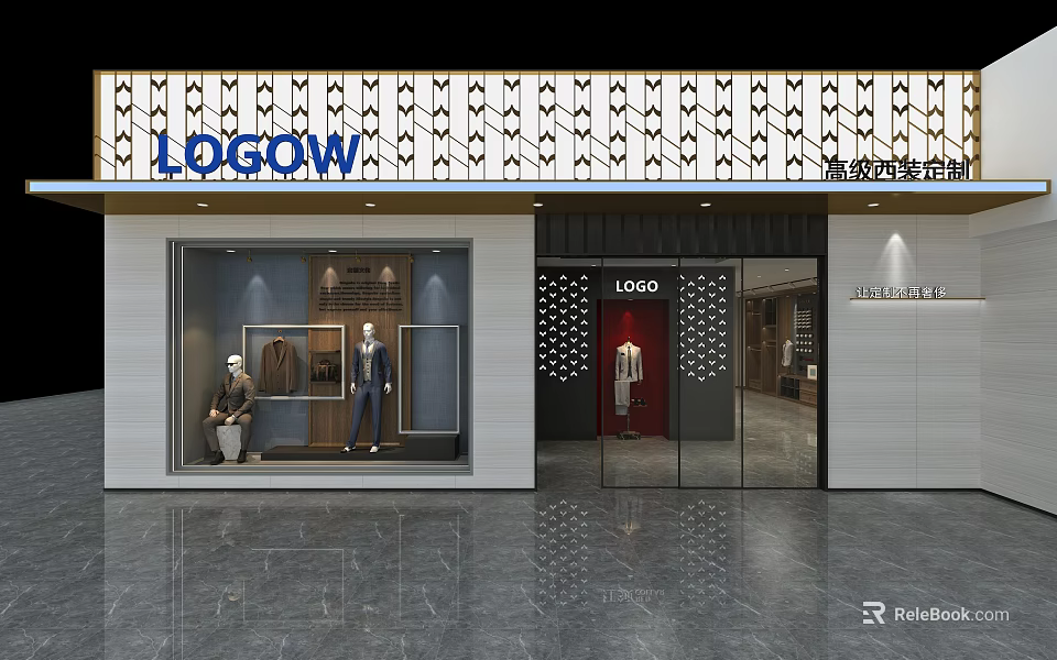 Modern Clothing Store Front With Window Mannequins And Decorative Lattice Sign 3d model 