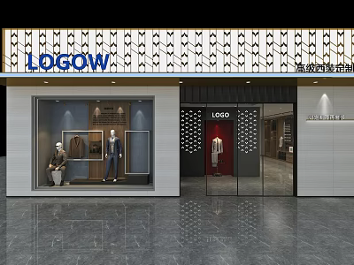Modern Clothing Store Front With Window Mannequins And Decorative Lattice Sign 3d model