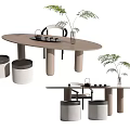 Modern Tea Table And Chairs With Oval Top Simple Design Green Plants And Stools 3d model