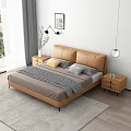 Modern Leather Double Bed With Bedside Table Wall Art And Hanging Lamp 3d model
