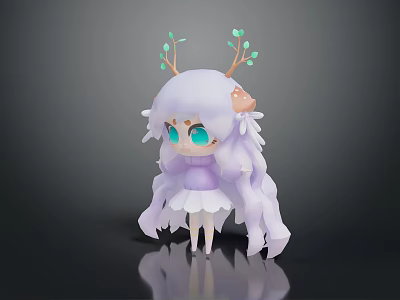 Cute Game and Movie Character With Long Purple Hair Green Eyes Antlers and White Skirt 3d model