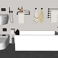 White Bathtub In Modern Bathroom With Smart Toilet Towel Rack And Toiletries Storage