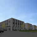 Modern Office Building Exterior With Green Trees Car Pedestrians And Blue Sky