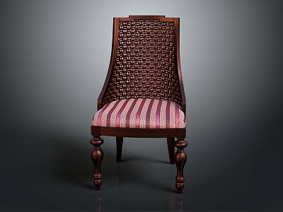 Traditional Accent Chair With Woven Lattice Backrest And Striped Fabric Seat Cushion Wooden Legs 3d model