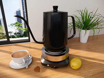 Black Electric Kettle Kitchen Appliance With Coffee Cup Lemon Green Plant On Wooden Countertop 3d model