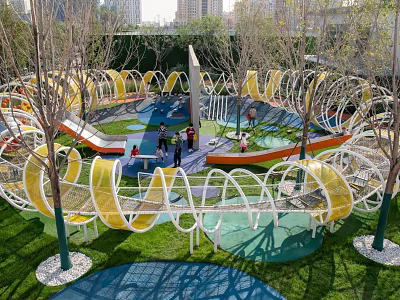 Outdoor Playground Equipment With Colorful Climbing Nets Slides Green Lawn And Trees For Children 3d model